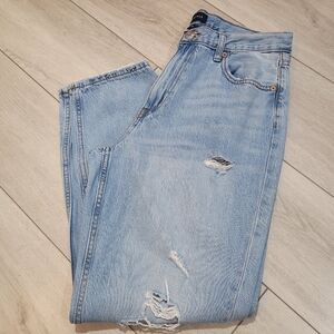 Aeropostale Women's Cotton Wide Leg High Rise Distressed Mom Denim Jeans 8 Blue